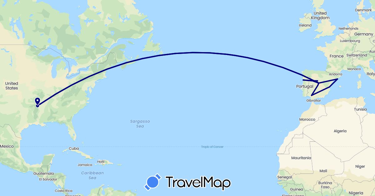 TravelMap itinerary: driving in Spain, Portugal, United States (Europe, North America)